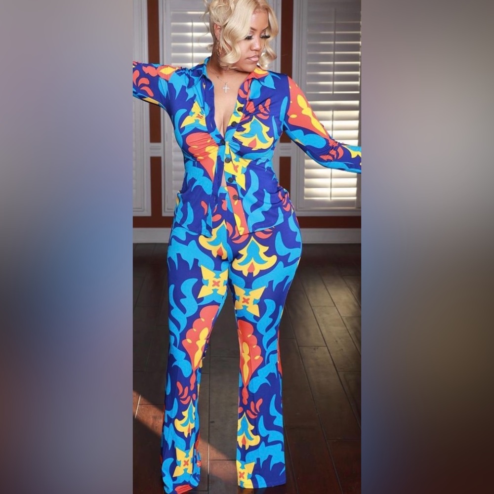 Blue and orange stretchy pant set size 1x